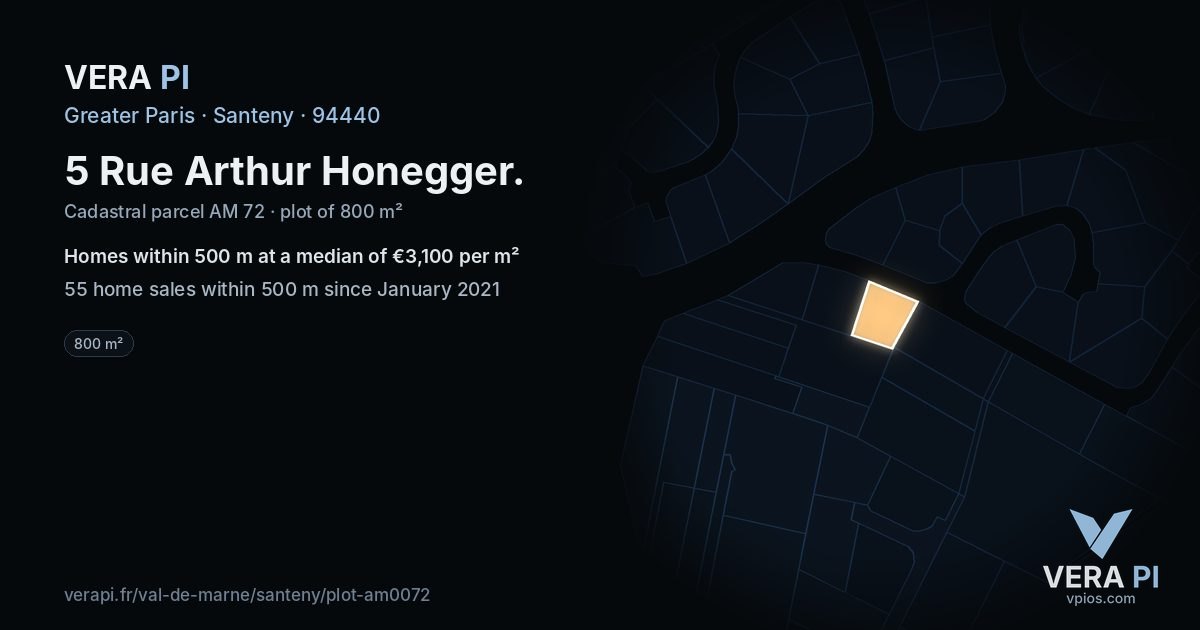 5 Rue Arthur Honegger, Santeny at night – the plot lit, the parcels around coloured by the prices near them