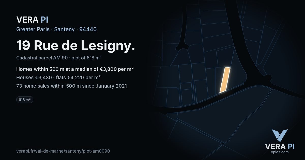 19 Rue de Lesigny, Santeny at night – the plot lit, the parcels around coloured by the prices near them
