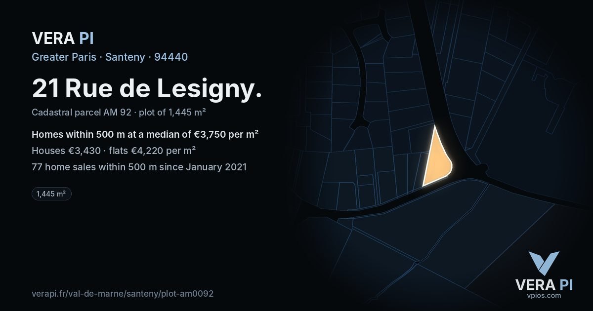 21 Rue de Lesigny, Santeny at night – the plot lit, the parcels around coloured by the prices near them