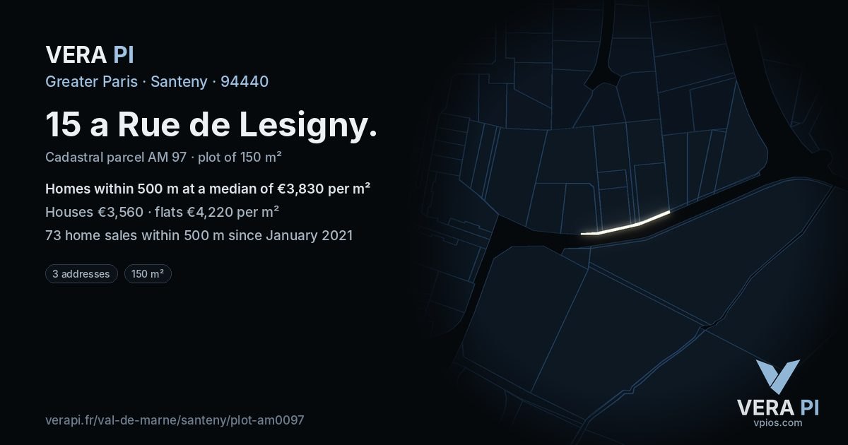 15 a Rue de Lesigny, Santeny at night – the plot lit, the parcels around coloured by the prices near them