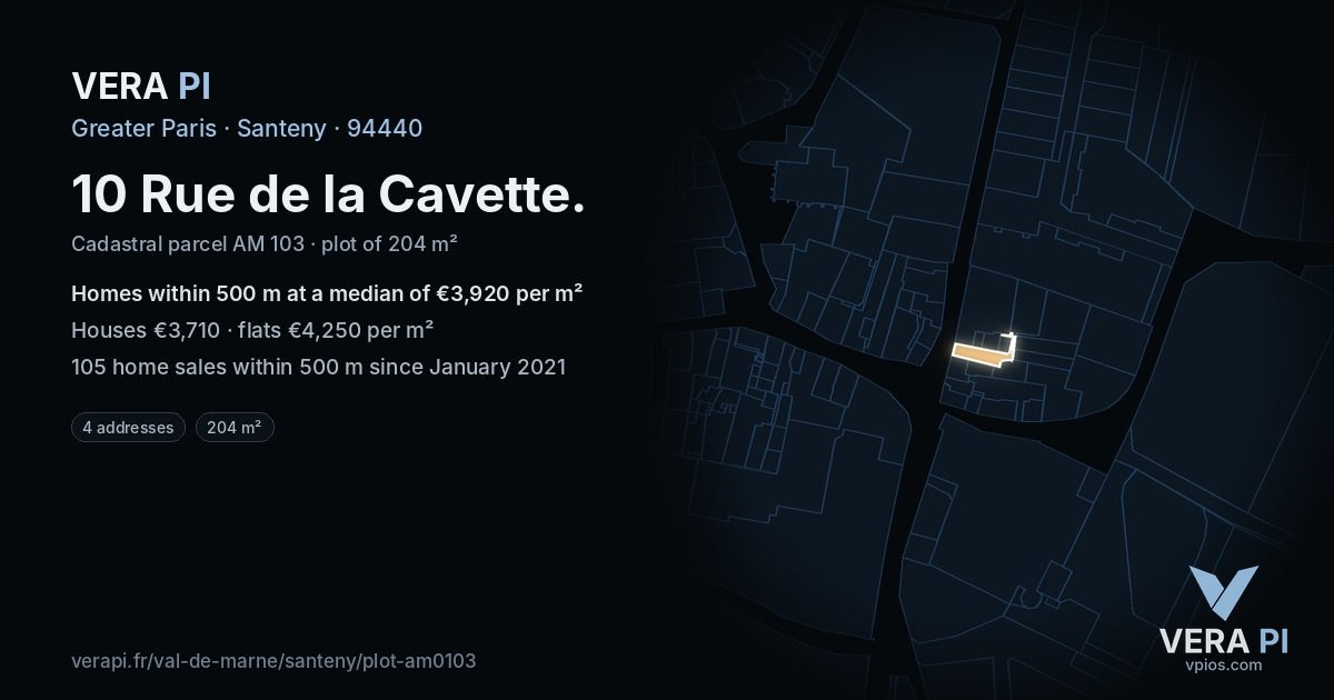 10 Rue de la Cavette, Santeny at night – the plot lit, the parcels around coloured by the prices near them