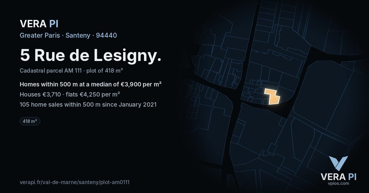 5 Rue de Lesigny, Santeny at night – the plot lit, the parcels around coloured by the prices near them