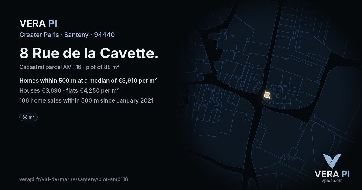 8 Rue de la Cavette, Santeny at night – the plot lit, the parcels around coloured by the prices near them