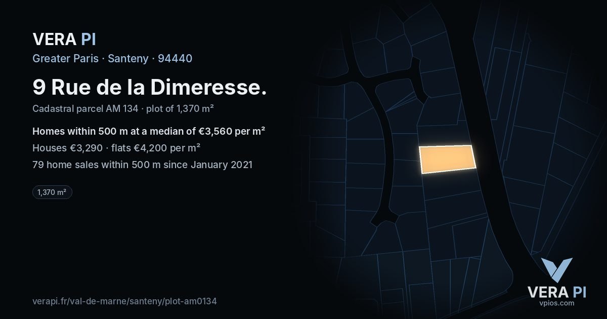 9 Rue de la Dimeresse, Santeny at night – the plot lit, the parcels around coloured by the prices near them