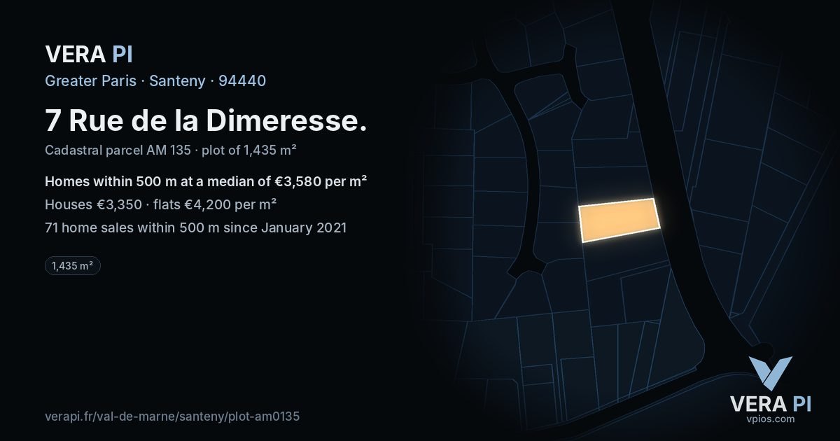 7 Rue de la Dimeresse, Santeny at night – the plot lit, the parcels around coloured by the prices near them