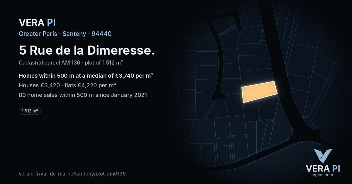 5 Rue de la Dimeresse, Santeny at night – the plot lit, the parcels around coloured by the prices near them