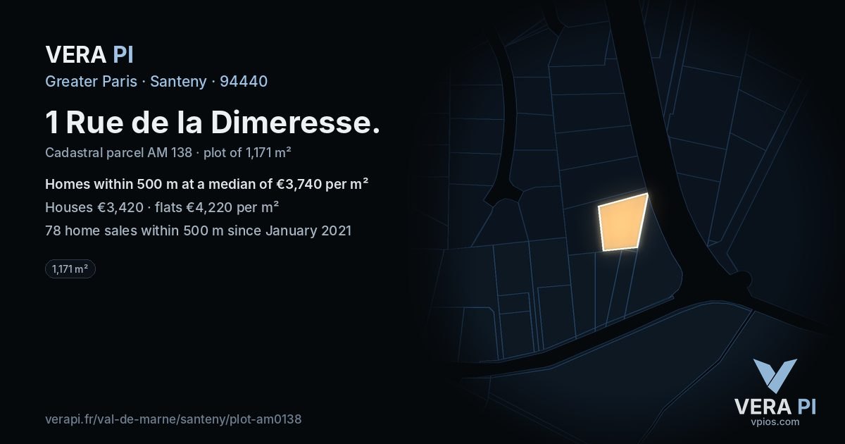 1 Rue de la Dimeresse, Santeny at night – the plot lit, the parcels around coloured by the prices near them