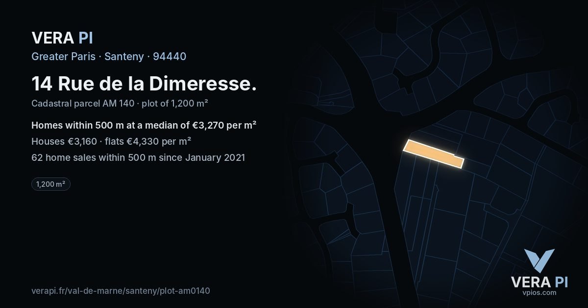 14 Rue de la Dimeresse, Santeny at night – the plot lit, the parcels around coloured by the prices near them