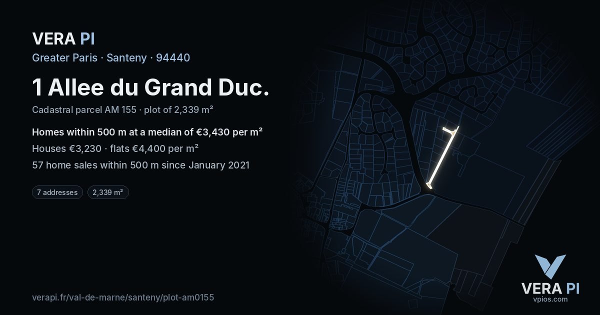 1 Allee du Grand Duc, Santeny at night – the plot lit, the parcels around coloured by the prices near them