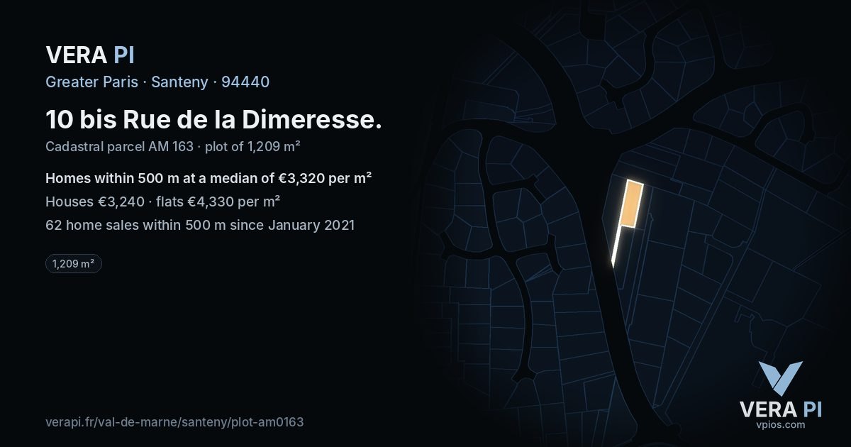 10 bis Rue de la Dimeresse, Santeny at night – the plot lit, the parcels around coloured by the prices near them
