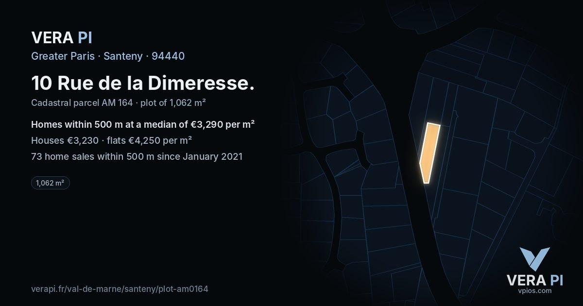 10 Rue de la Dimeresse, Santeny at night – the plot lit, the parcels around coloured by the prices near them