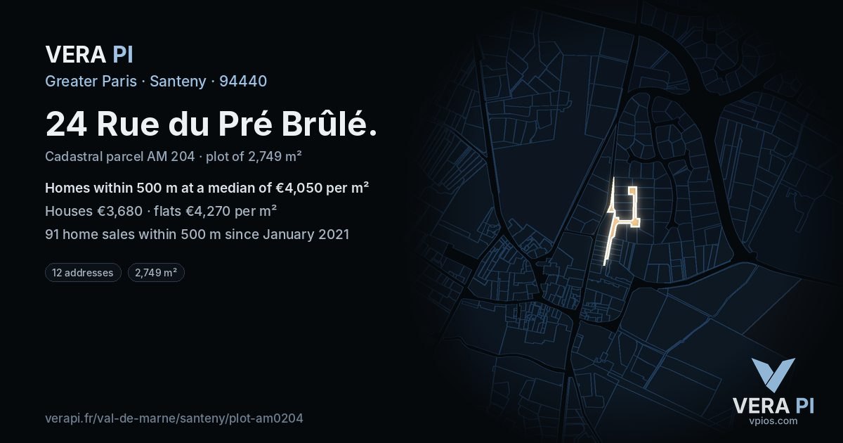 24 Rue du Pré Brûlé, Santeny at night – the plot lit, the parcels around coloured by the prices near them