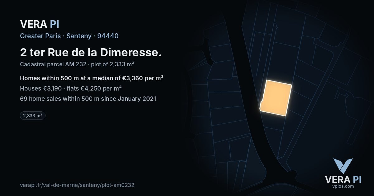 2 ter Rue de la Dimeresse, Santeny at night – the plot lit, the parcels around coloured by the prices near them