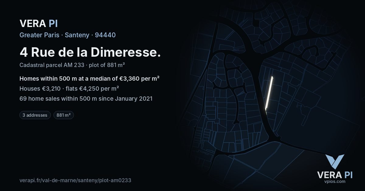 4 Rue de la Dimeresse, Santeny at night – the plot lit, the parcels around coloured by the prices near them