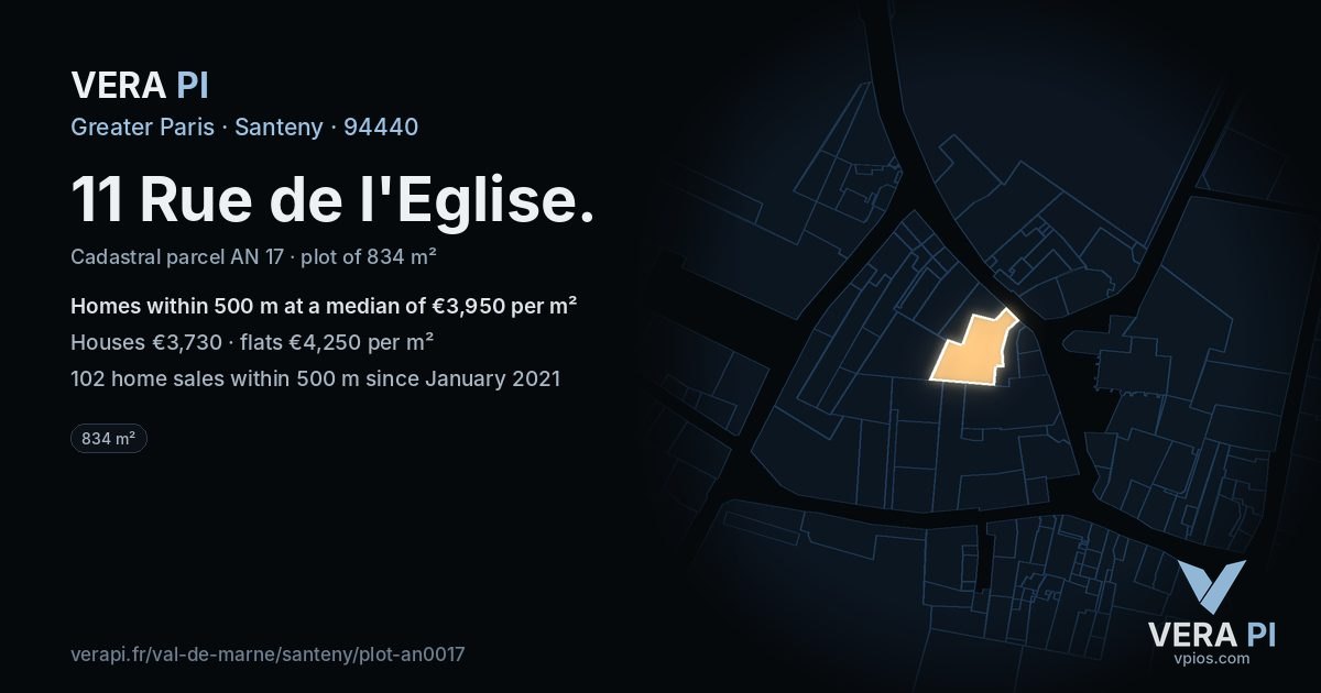 11 Rue de l'Eglise, Santeny at night – the plot lit, the parcels around coloured by the prices near them