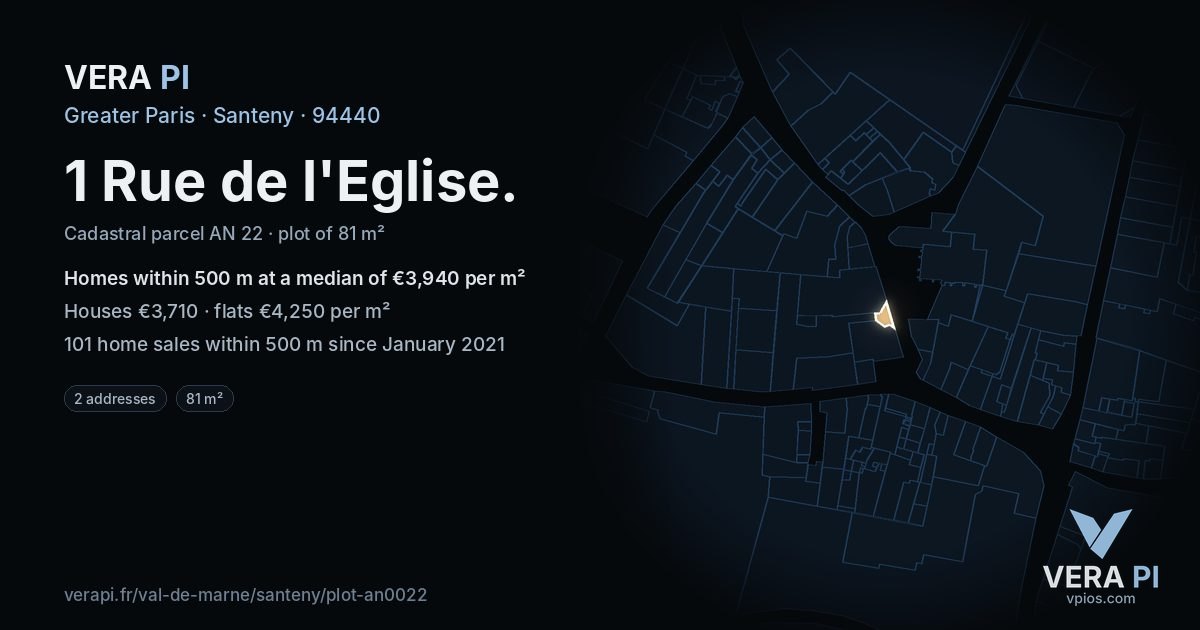 1 Rue de l'Eglise, Santeny at night – the plot lit, the parcels around coloured by the prices near them