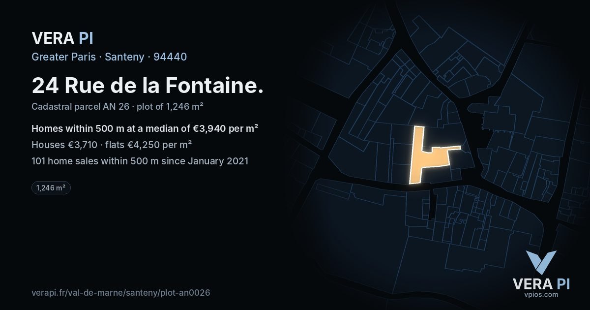 24 Rue de la Fontaine, Santeny at night – the plot lit, the parcels around coloured by the prices near them