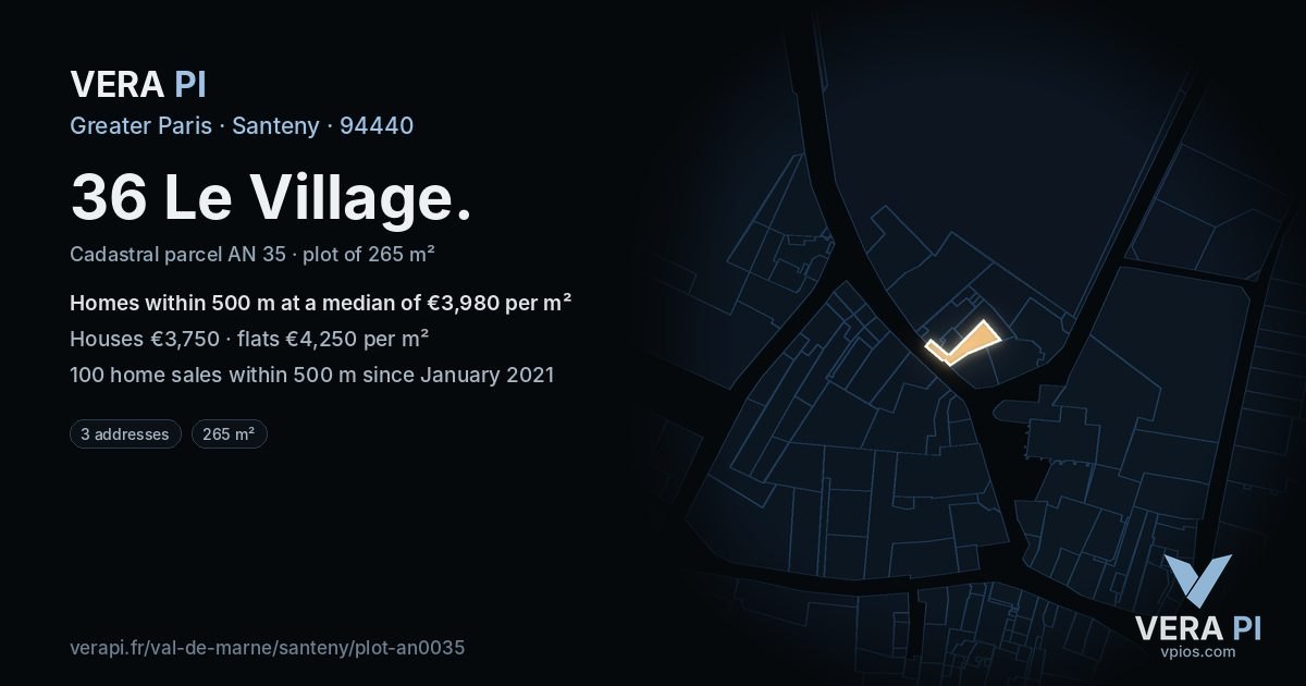 36 Le Village, Santeny at night – the plot lit, the parcels around coloured by the prices near them