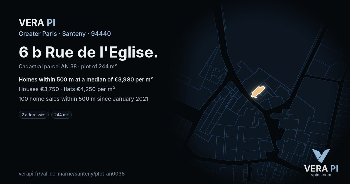 6 b Rue de l'Eglise, Santeny at night – the plot lit, the parcels around coloured by the prices near them