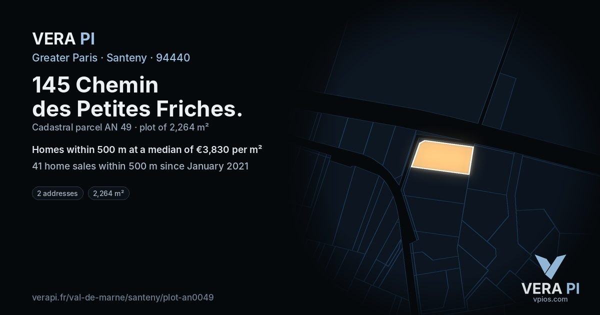 145 Chemin des Petites Friches, Santeny at night – the plot lit, the parcels around coloured by the prices near them