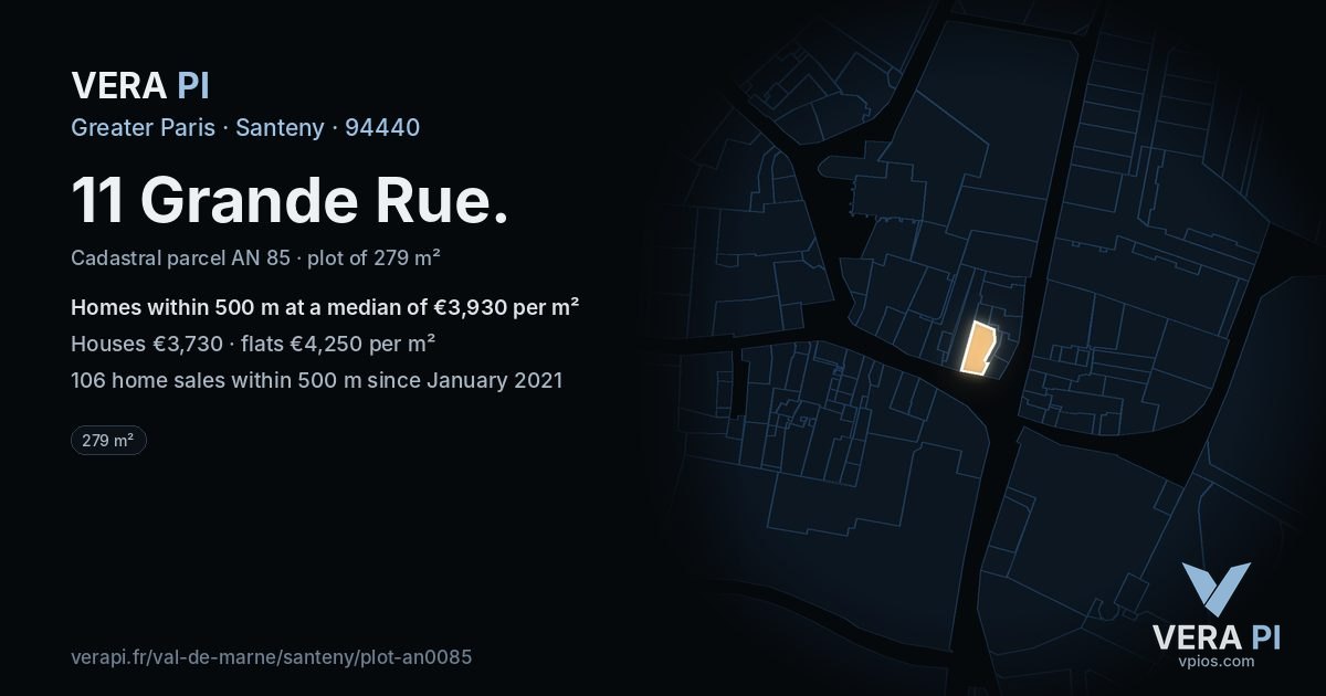 11 Grande Rue, Santeny at night – the plot lit, the parcels around coloured by the prices near them