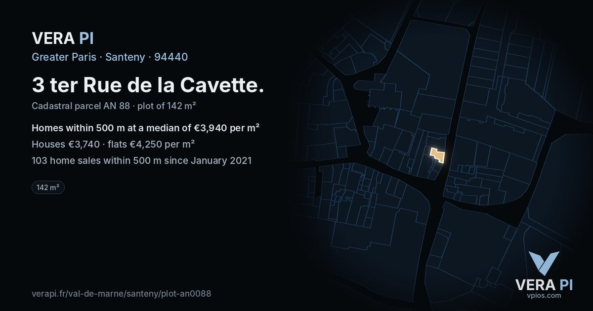 3 ter Rue de la Cavette, Santeny at night – the plot lit, the parcels around coloured by the prices near them