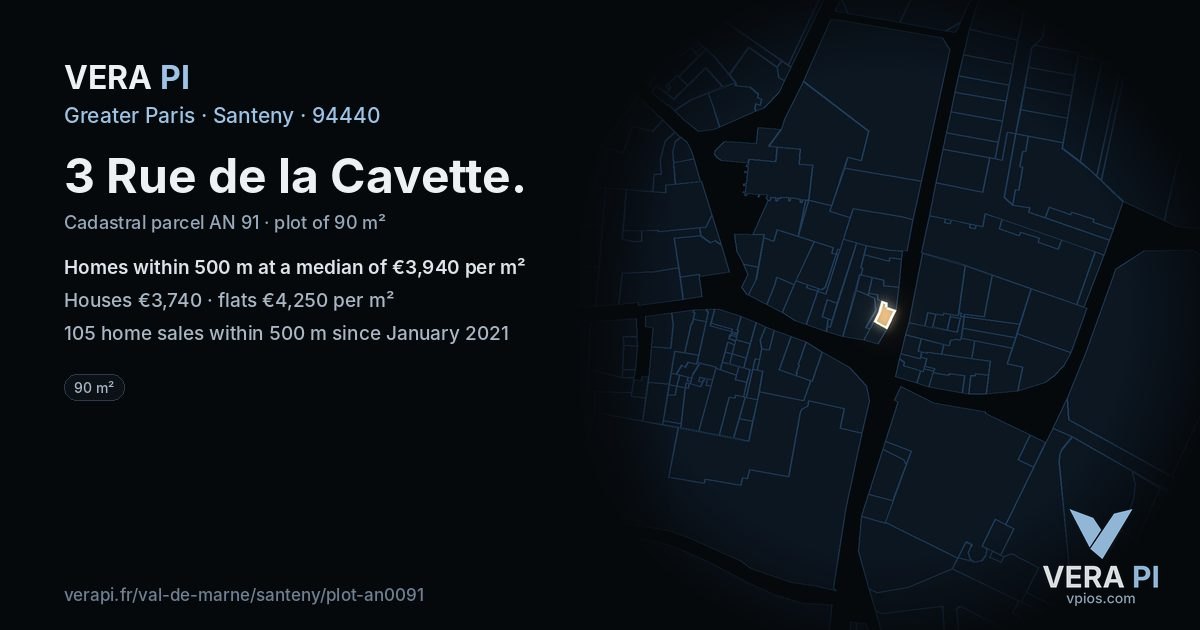 3 Rue de la Cavette, Santeny at night – the plot lit, the parcels around coloured by the prices near them