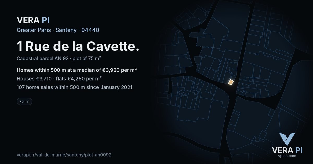 1 Rue de la Cavette, Santeny at night – the plot lit, the parcels around coloured by the prices near them