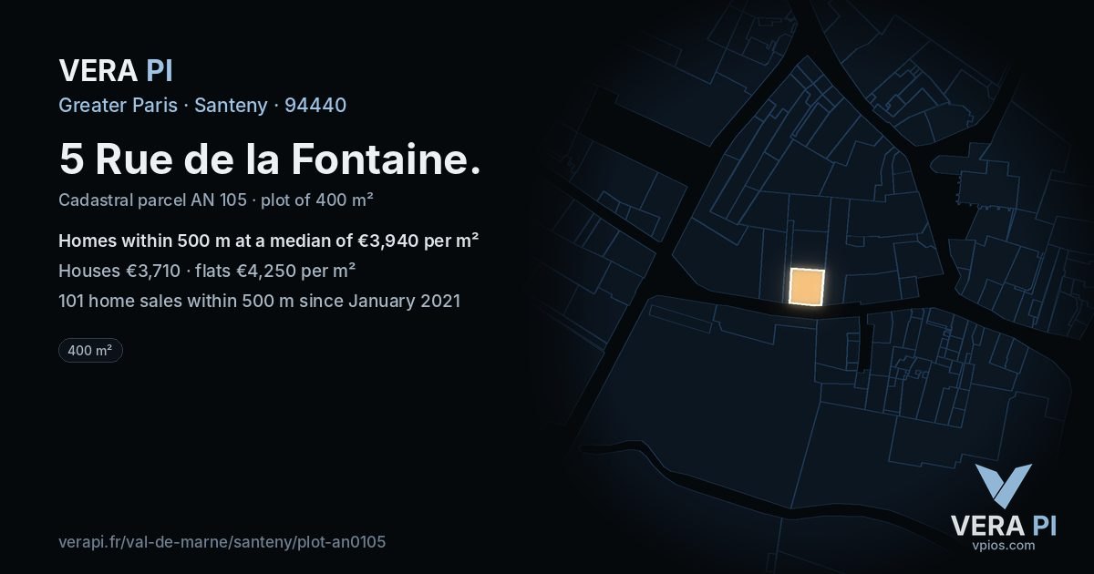5 Rue de la Fontaine, Santeny at night – the plot lit, the parcels around coloured by the prices near them