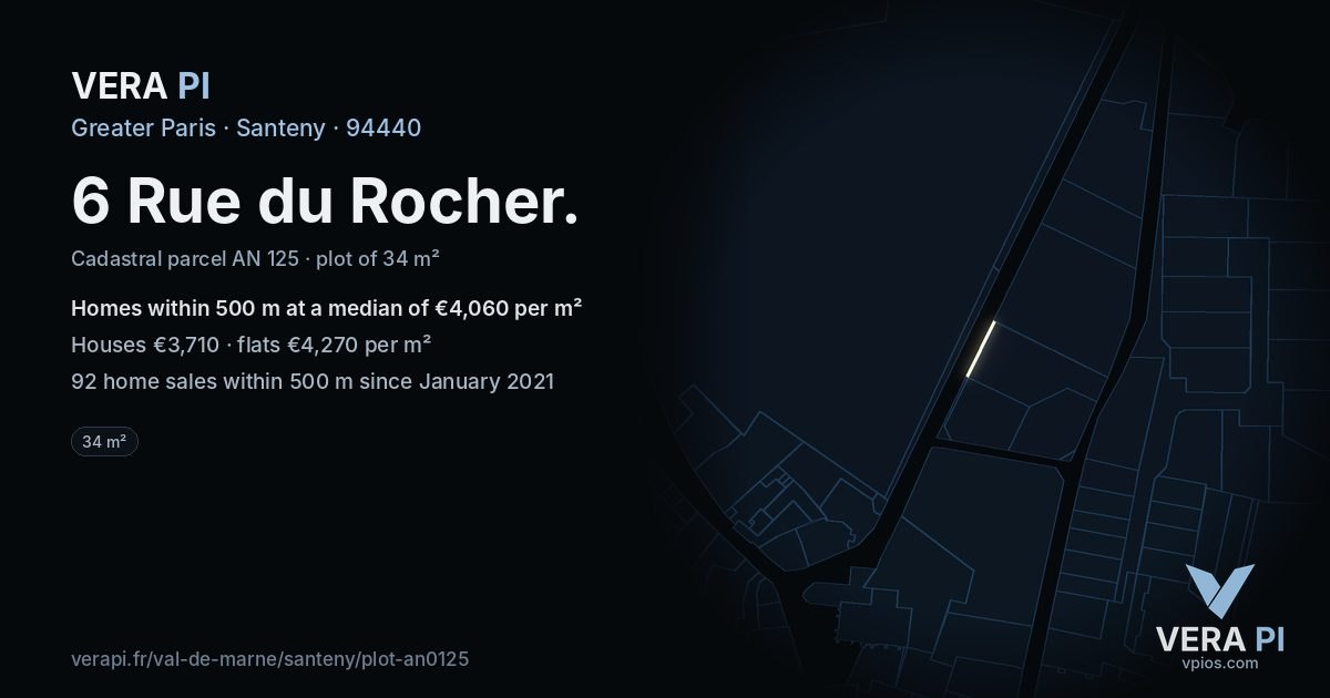 6 Rue du Rocher, Santeny at night – the plot lit, the parcels around coloured by the prices near them