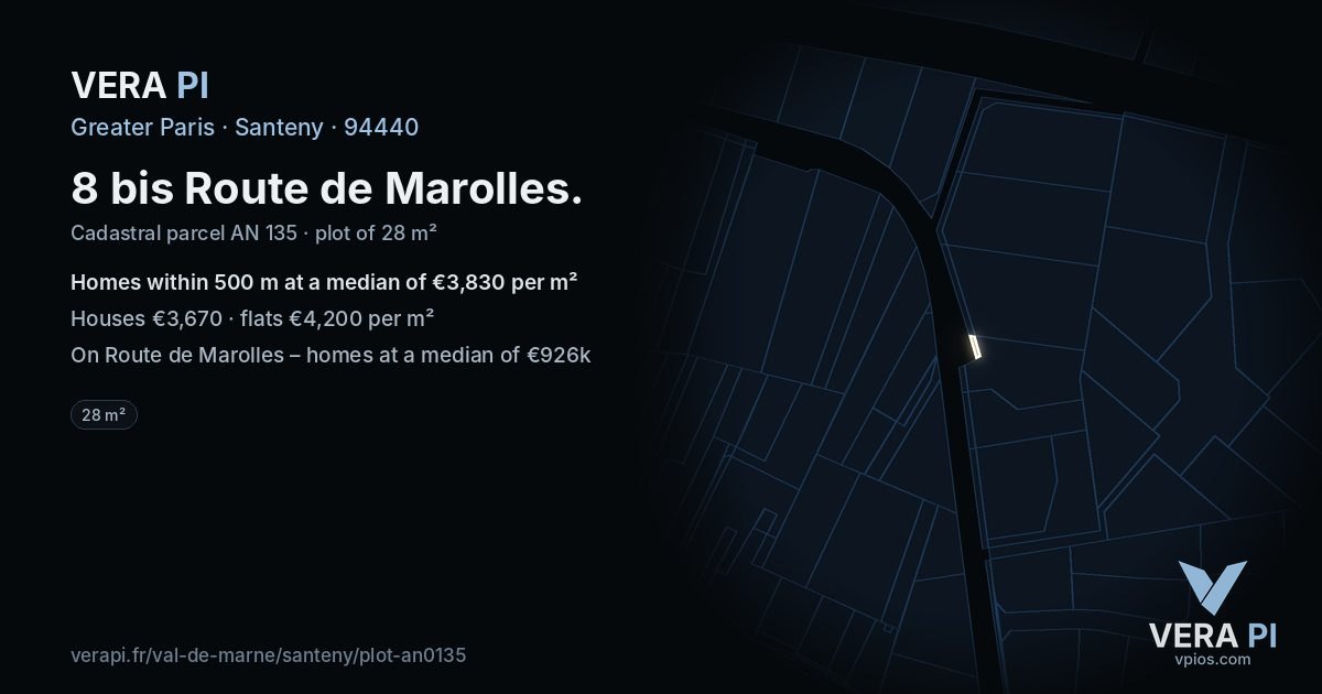 8 bis Route de Marolles, Santeny at night – the plot lit, the parcels around coloured by the prices near them