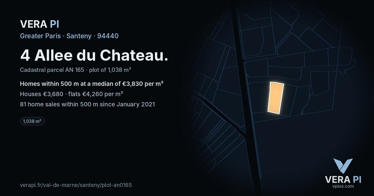 4 Allee du Chateau, Santeny at night – the plot lit, the parcels around coloured by the prices near them