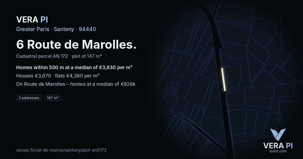 6 Route de Marolles, Santeny at night – the plot lit, the parcels around coloured by the prices near them