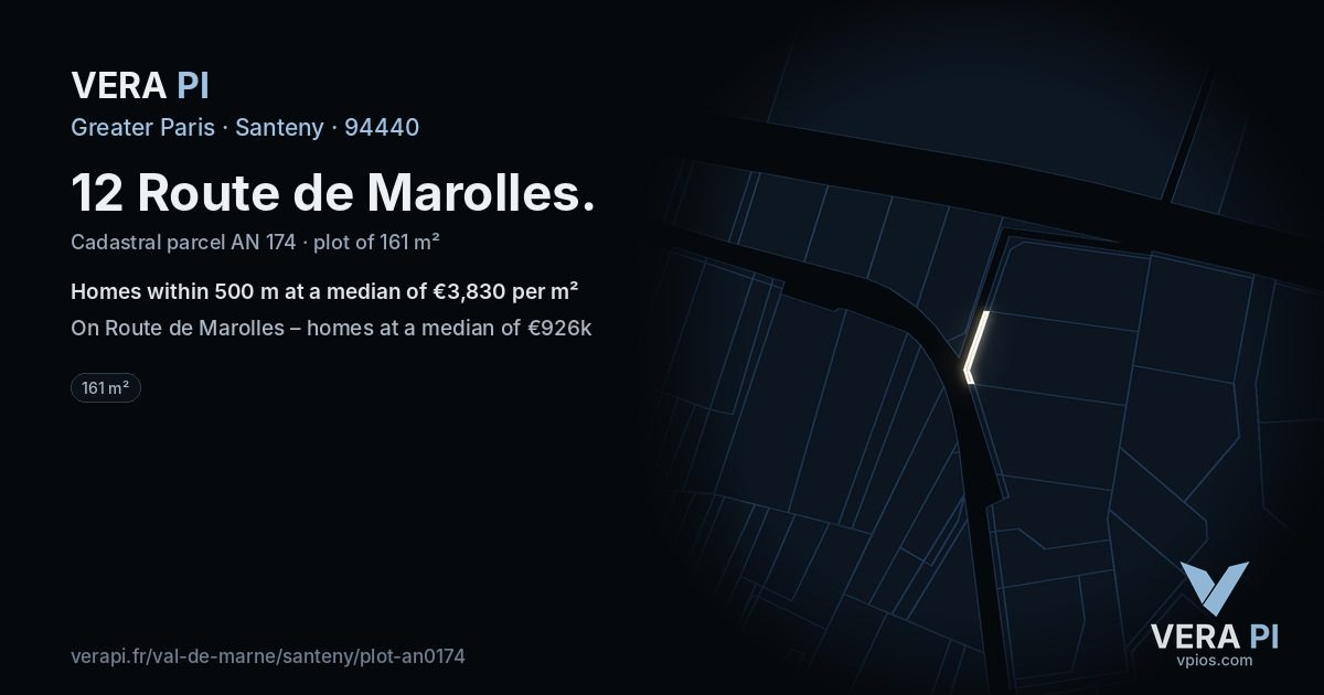 12 Route de Marolles, Santeny at night – the plot lit, the parcels around coloured by the prices near them