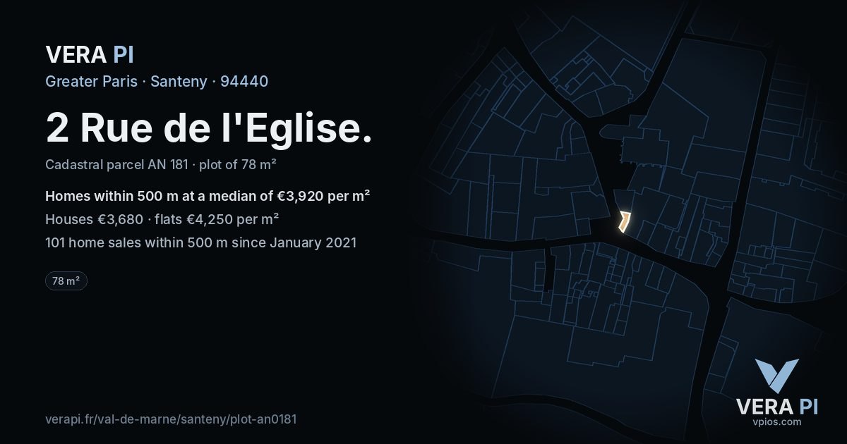 2 Rue de l'Eglise, Santeny at night – the plot lit, the parcels around coloured by the prices near them