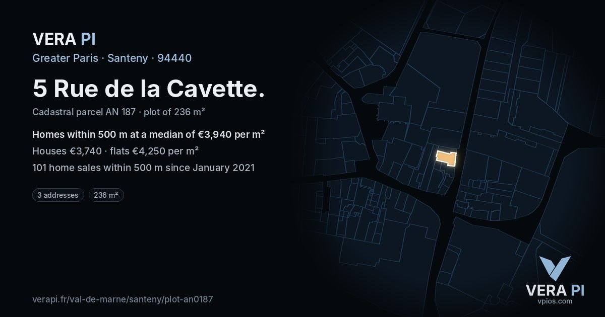 5 Rue de la Cavette, Santeny at night – the plot lit, the parcels around coloured by the prices near them