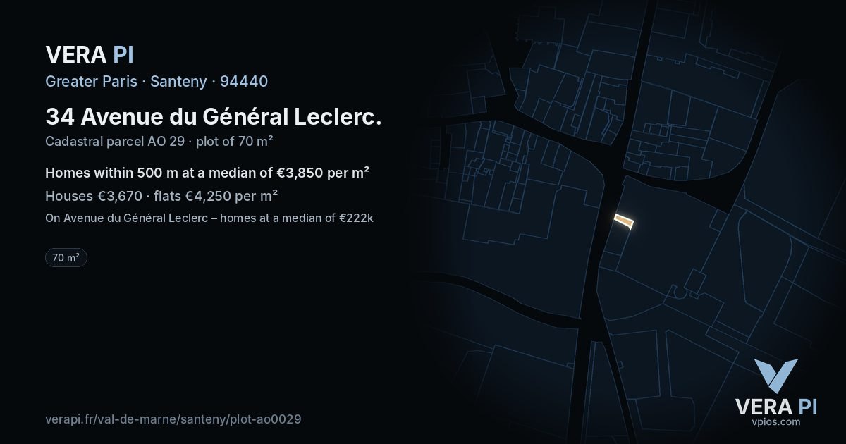 34 Avenue du Général Leclerc, Santeny at night – the plot lit, the parcels around coloured by the prices near them