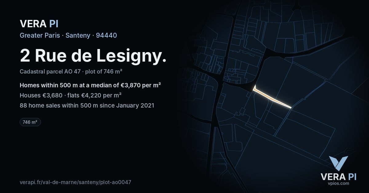 2 Rue de Lesigny, Santeny at night – the plot lit, the parcels around coloured by the prices near them