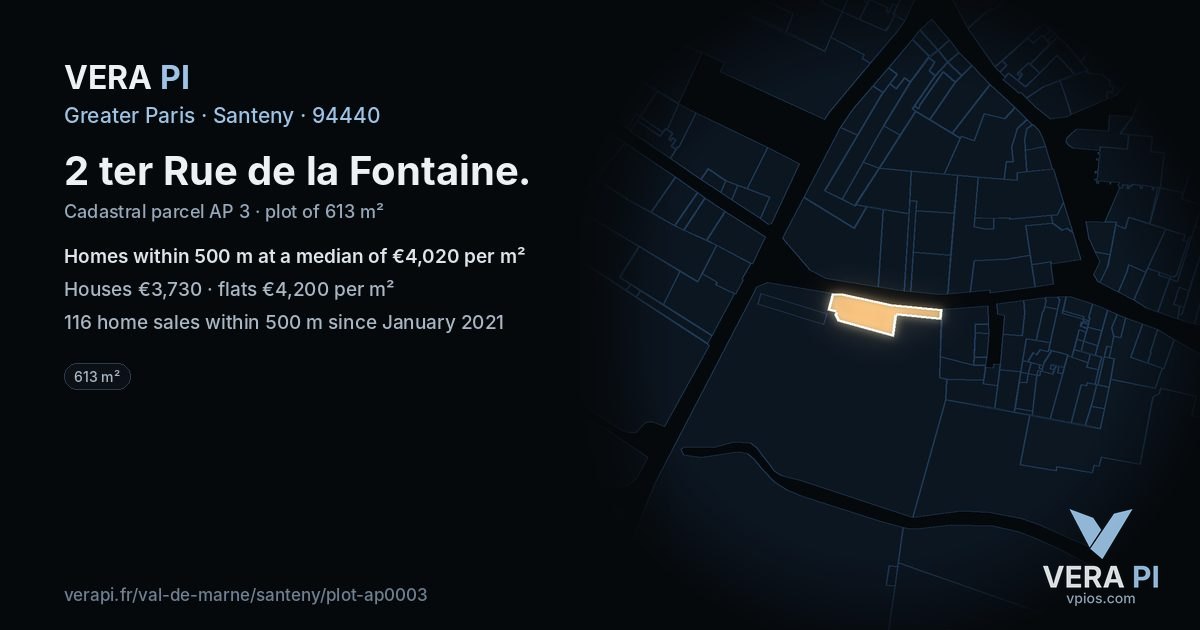 2 ter Rue de la Fontaine, Santeny at night – the plot lit, the parcels around coloured by the prices near them