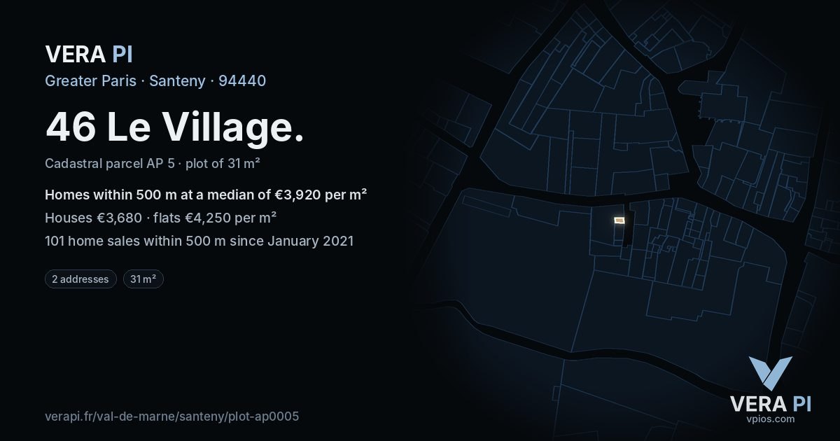 46 Le Village, Santeny at night – the plot lit, the parcels around coloured by the prices near them