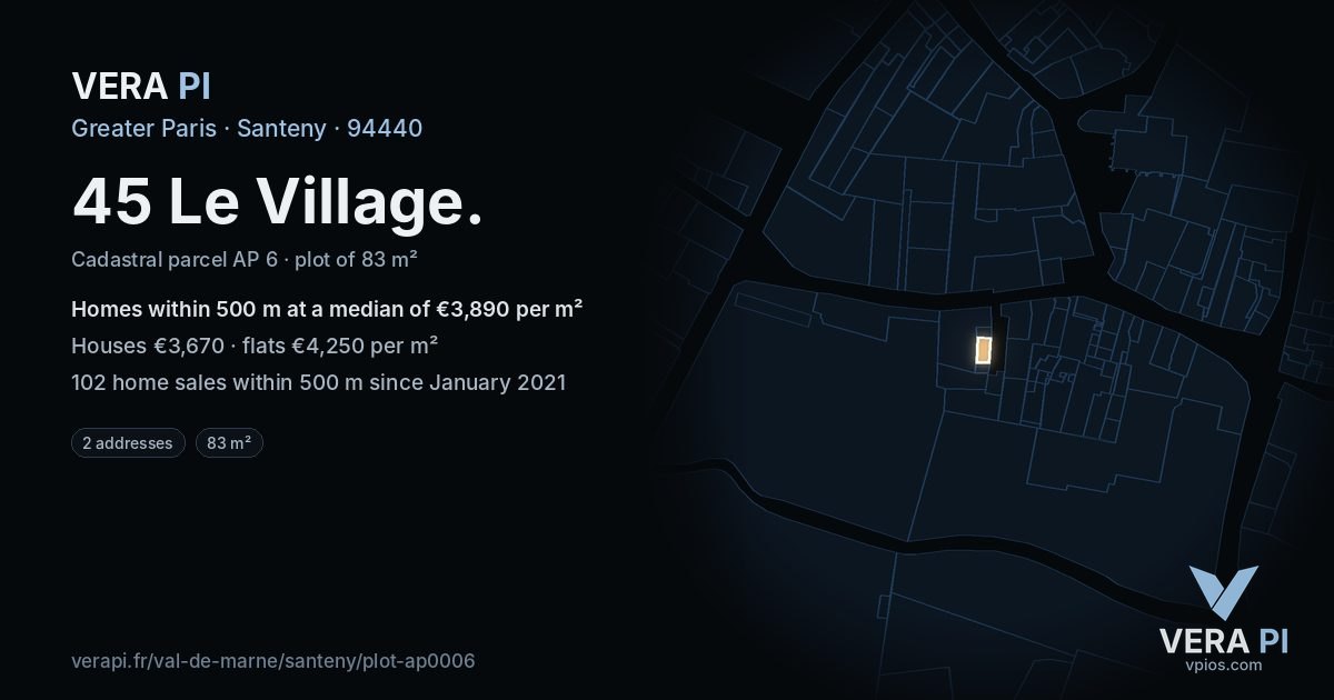 45 Le Village, Santeny at night – the plot lit, the parcels around coloured by the prices near them