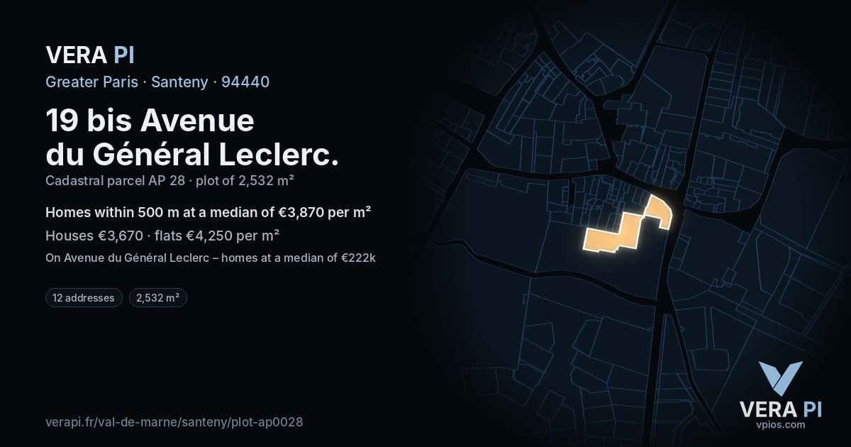 19 bis Avenue du Général Leclerc, Santeny at night – the plot lit, the parcels around coloured by the prices near them