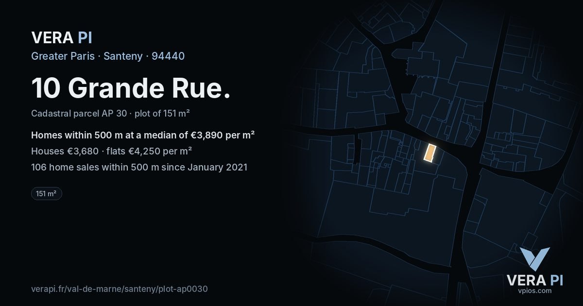 10 Grande Rue, Santeny at night – the plot lit, the parcels around coloured by the prices near them