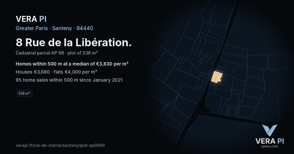 8 Rue de la Libération, Santeny at night – the plot lit, the parcels around coloured by the prices near them