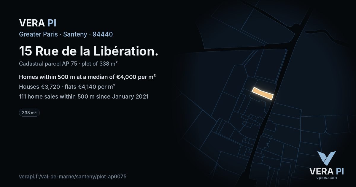 15 Rue de la Libération, Santeny at night – the plot lit, the parcels around coloured by the prices near them