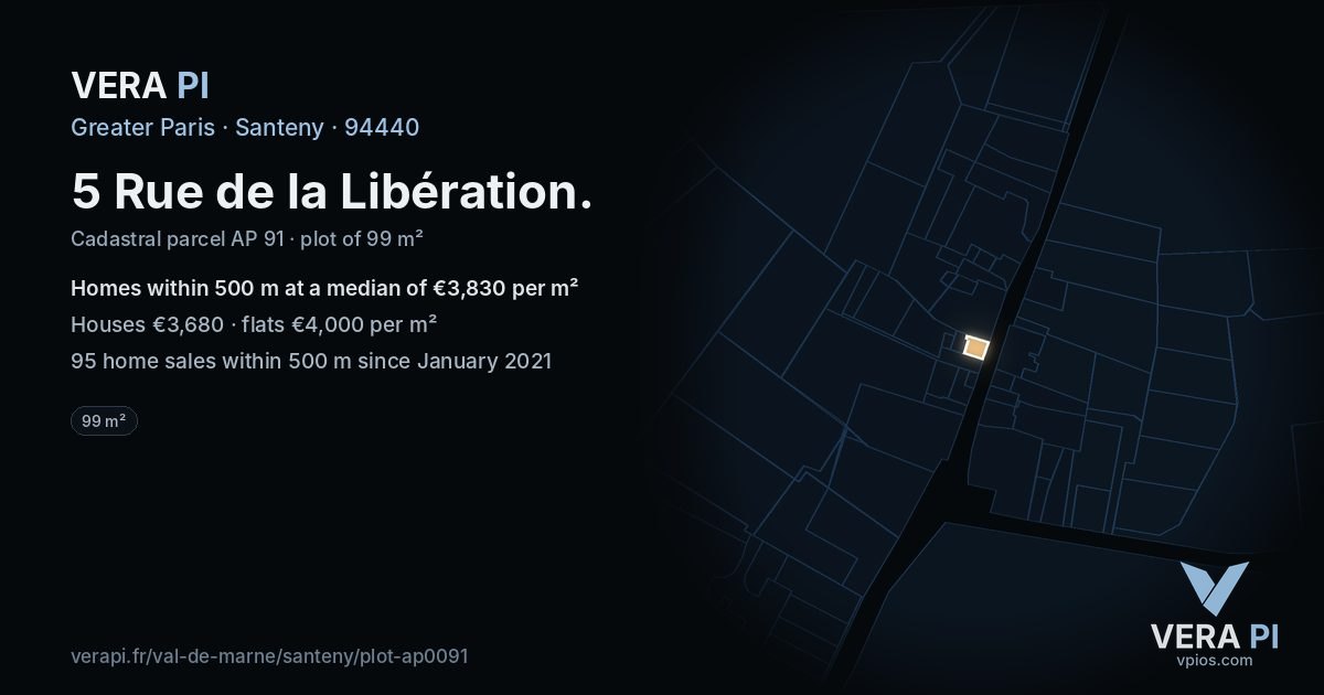 5 Rue de la Libération, Santeny at night – the plot lit, the parcels around coloured by the prices near them