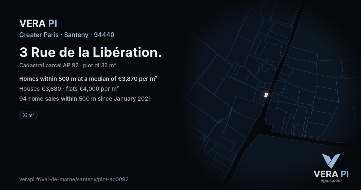 3 Rue de la Libération, Santeny at night – the plot lit, the parcels around coloured by the prices near them