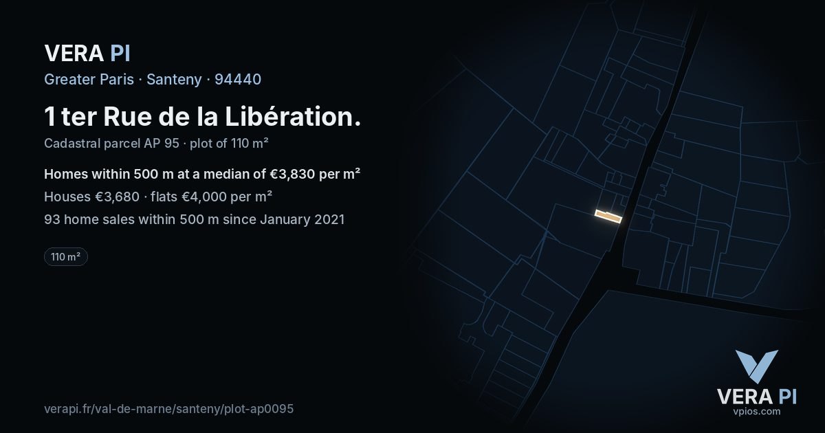 1 ter Rue de la Libération, Santeny at night – the plot lit, the parcels around coloured by the prices near them
