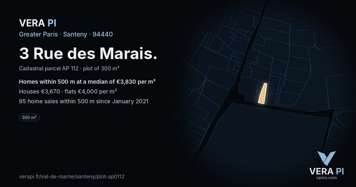 3 Rue des Marais, Santeny at night – the plot lit, the parcels around coloured by the prices near them