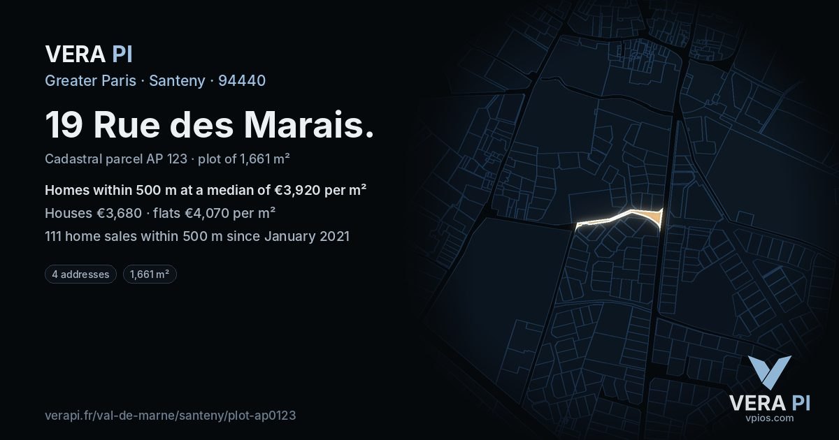 19 Rue des Marais, Santeny at night – the plot lit, the parcels around coloured by the prices near them